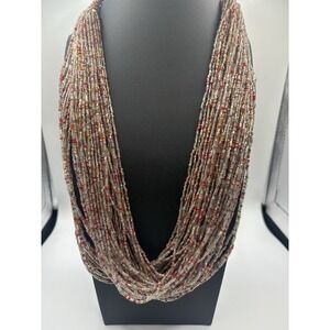 Vintage Multi Strand Red Pink Yellow Glass Seed Bead NECKLACE 24" 50 Strands